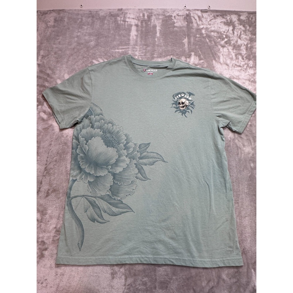 Airwalk T-Shirt Mens Size Large Sage Green Skull Floral Peony Short Sleeve EUC